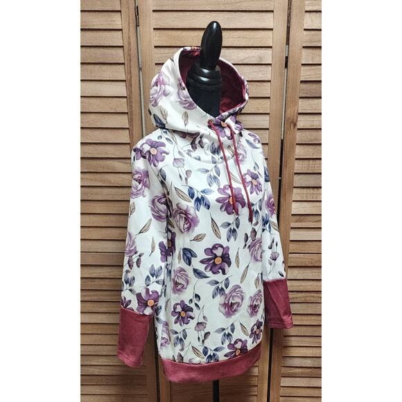 POL Women's White/Purple Floral Knit Hoodie Hooded Pullover Sweater Top Size L - Picture 3 of 8